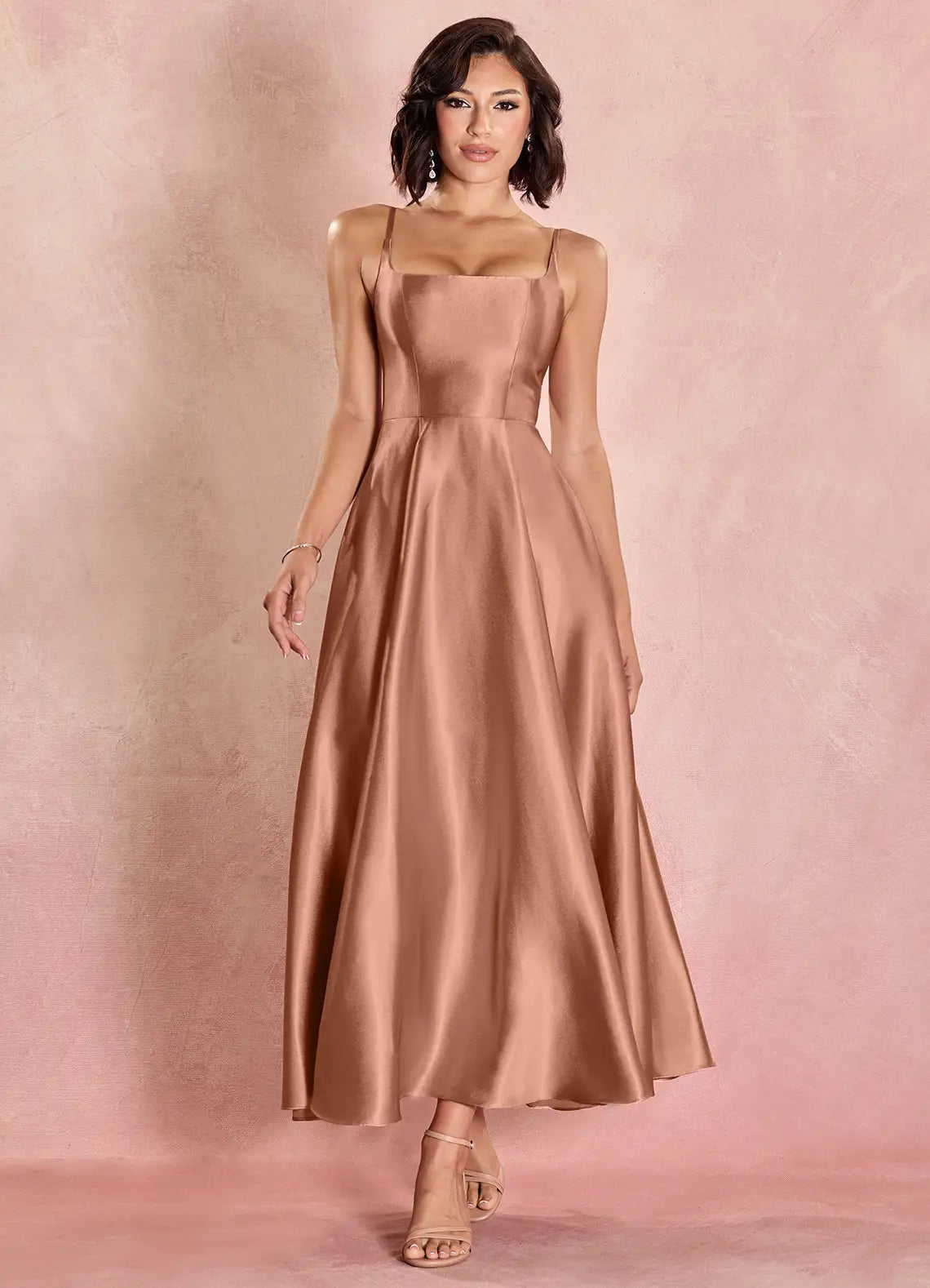 Elegant A-line Flare Square Sleeveless Satin Midi Wedding Guest Dress Corset Back Pockets Party Dress