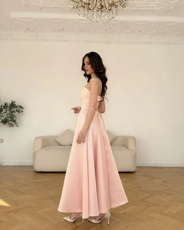 Strapless Satin A-Line Midi Dress with Lace-Up Back | Formal Evening & Bridesmaid Gown