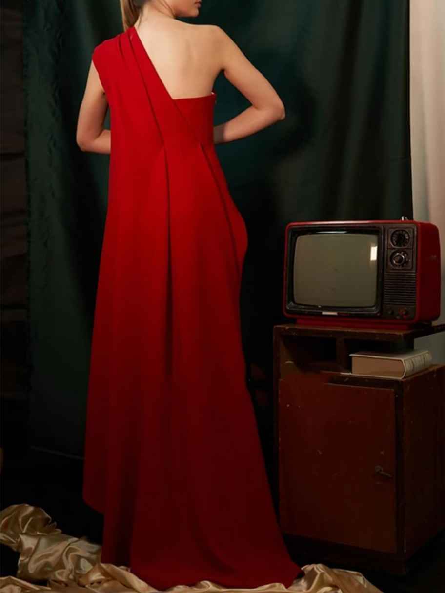 One-Shoulder Draped Maxi Evening Dress - Elegant Floor-Length Formal Gown for Galas & Black-Tie Events