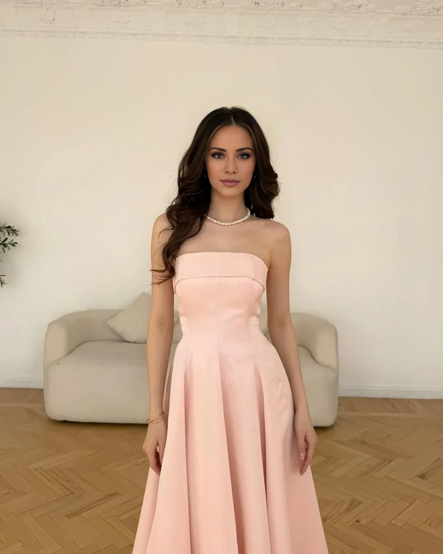 Strapless Satin A-Line Midi Dress with Lace-Up Back | Formal Evening & Bridesmaid Gown