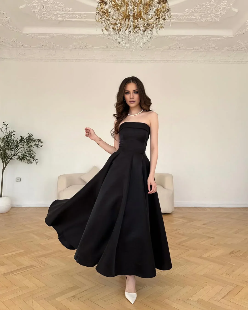 Strapless Satin A-Line Midi Dress with Lace-Up Back | Formal Evening & Bridesmaid Gown