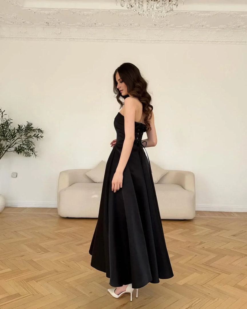 Strapless Satin A-Line Midi Dress with Lace-Up Back | Formal Evening & Bridesmaid Gown