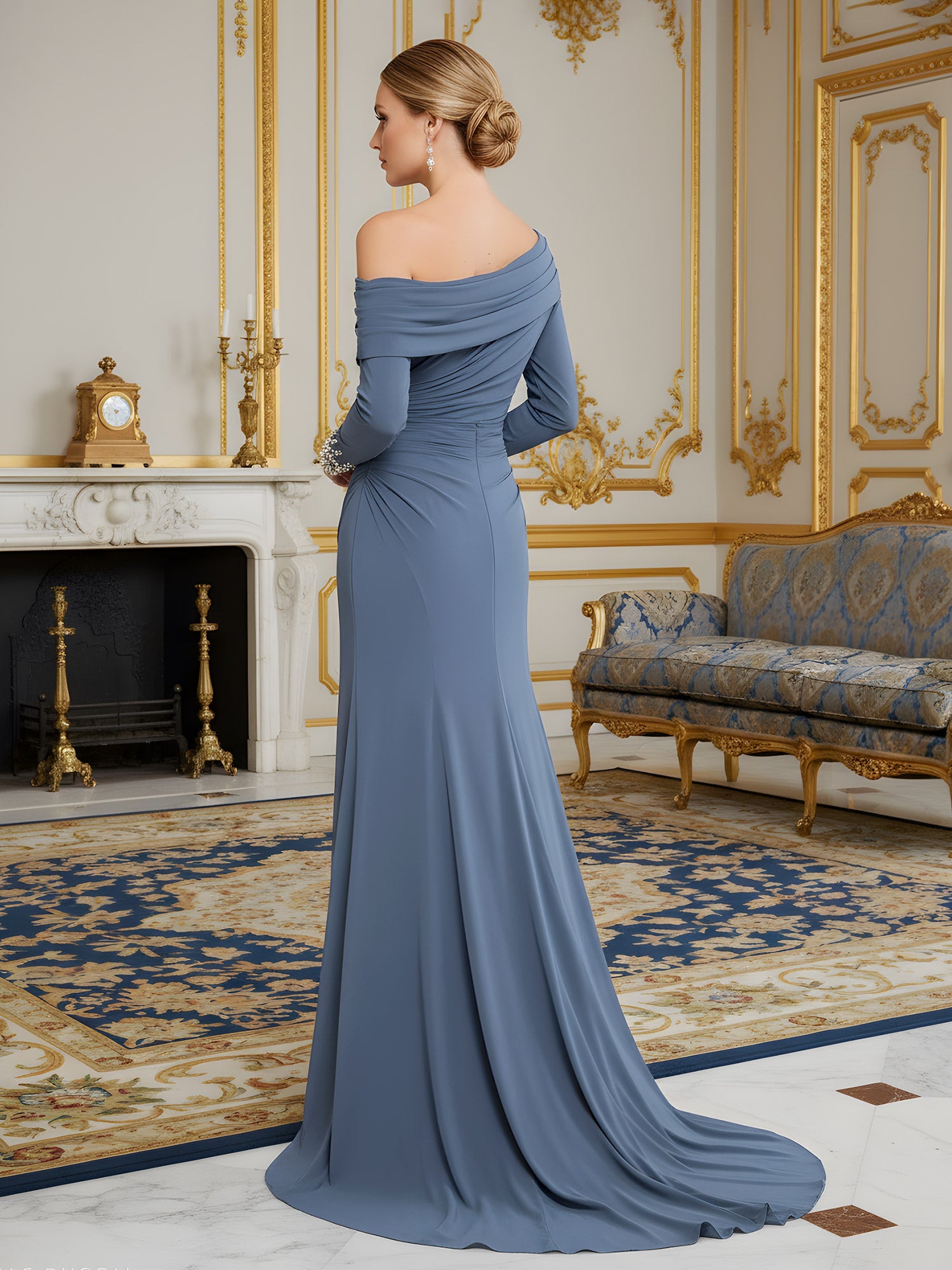 Elegant Slate Blue Mother of the Bride Dress Off-the-Shoulder Long Sleeve Ruched Gown with Beaded Cuffs and Sweep Train