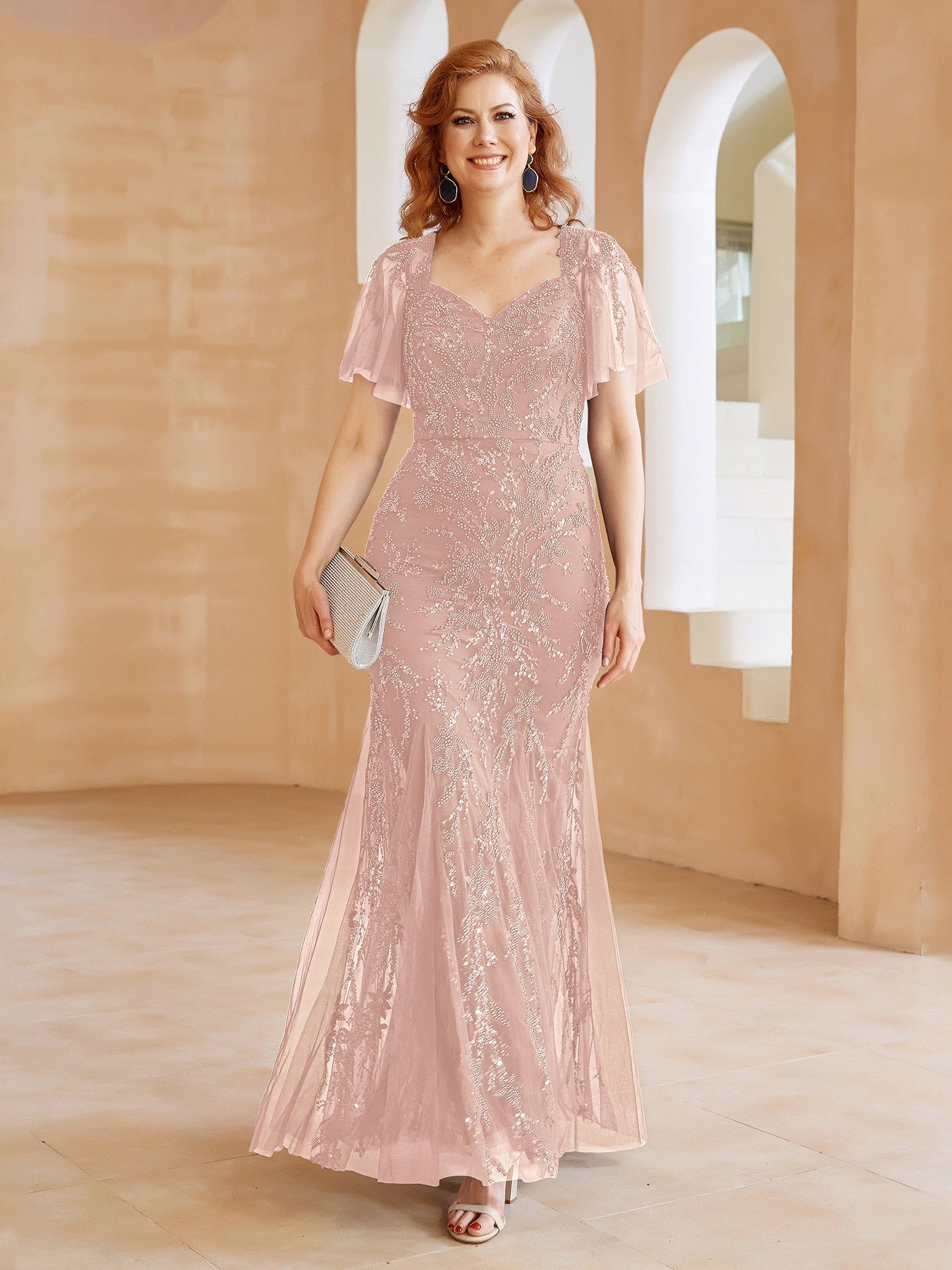 Navy Blue Beaded Tulle Evening Gown Sweetheart Neckline Short Flutter Sleeve Mermaid Maxi Dress for Mother of the Bride and Formal Events