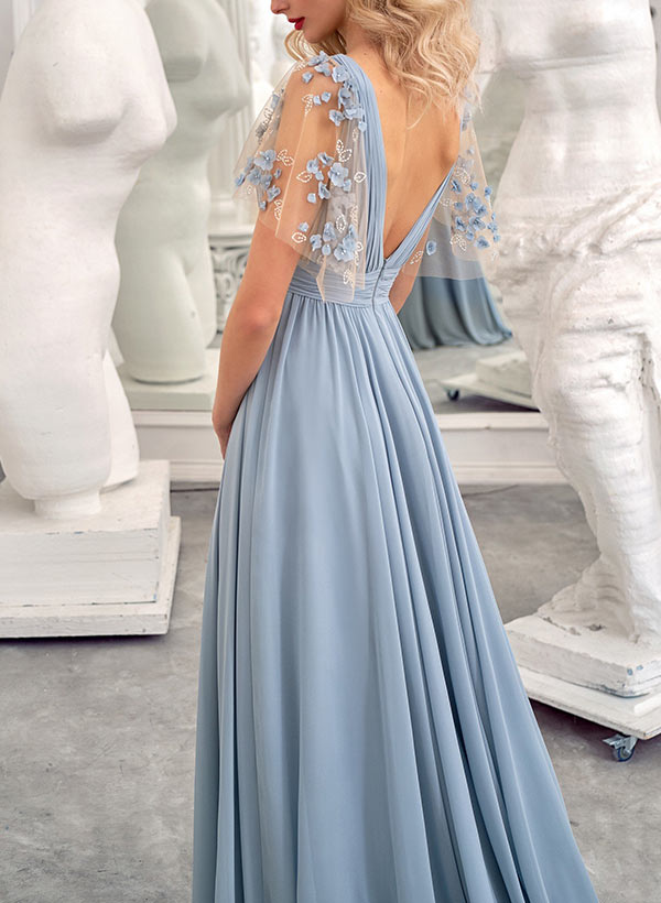 A-Line/Princess V-Neck Chiffon Floor-length Long Bridesmaid Dresses With Slit