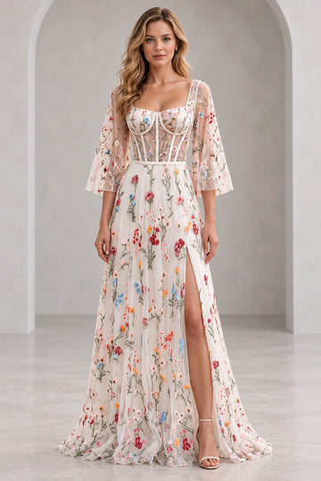 Vedress floral embroidered tulle prom dress with a square neckline, sheer corset bodice, bell sleeves and high side slit, front view