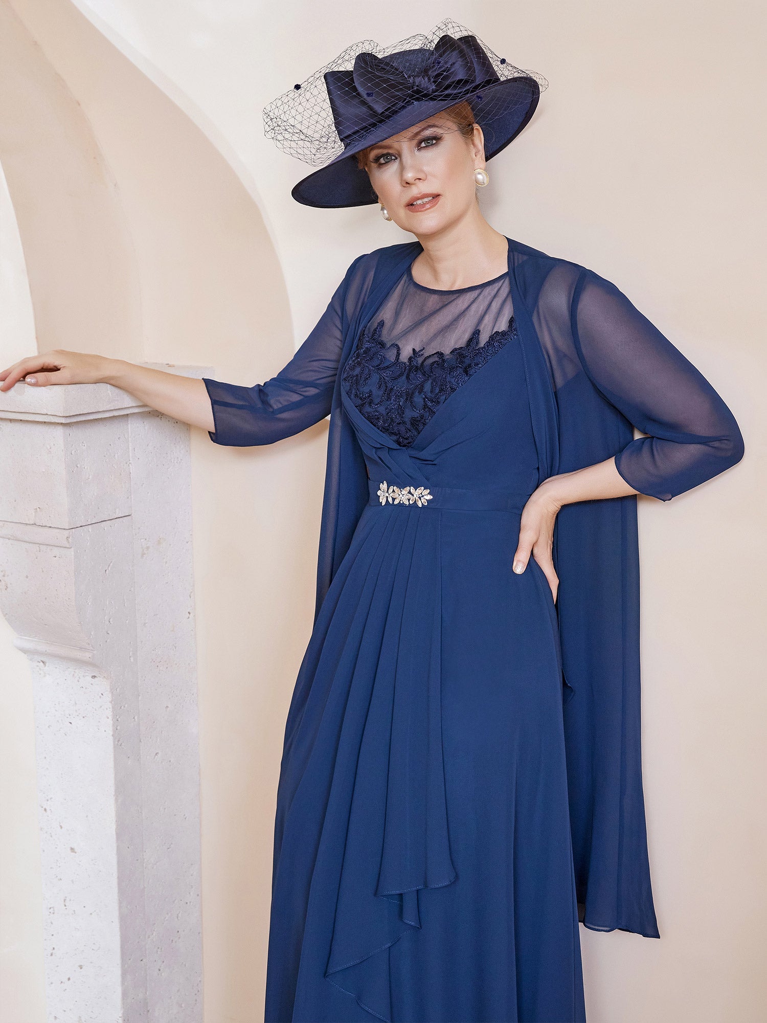 Navy Blue Chiffon Mother of the Bride Gown Sheer Neck Lace Bodice High-Low Dress with Chiffon Jacket and Beaded Belt