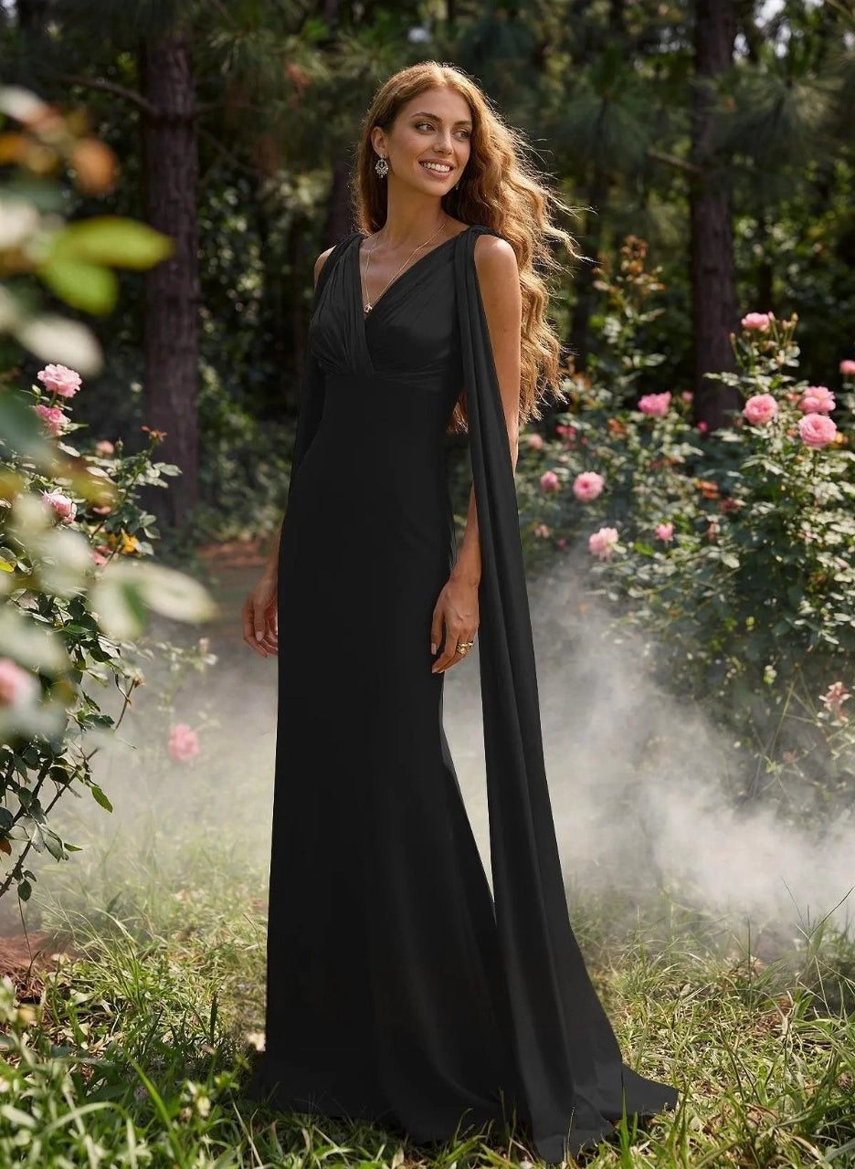 Refined Mermaid V-Neck Cape Sleeve Closed Back Floor-Length Prom Dress