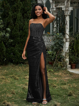 Prom Dresses Sequin Spaghetti Strap Formal Gown Corset Bodice High Slit Mermaid Maxi Dress