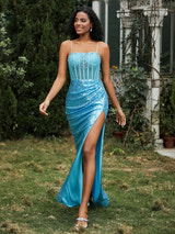 Prom Dresses Sequin Spaghetti Strap Formal Gown Corset Bodice High Slit Mermaid Maxi Dress
