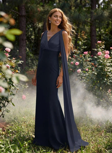 Refined Mermaid V-Neck Cape Sleeve Closed Back Floor-Length Prom Dress