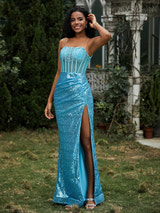 Prom Dresses Sequin Spaghetti Strap Formal Gown Corset Bodice High Slit Mermaid Maxi Dress