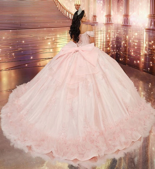 Vedress blush pink quinceañera gown lace-up corset back oversized satin big bow long 3D flower ruffle tulle train back view