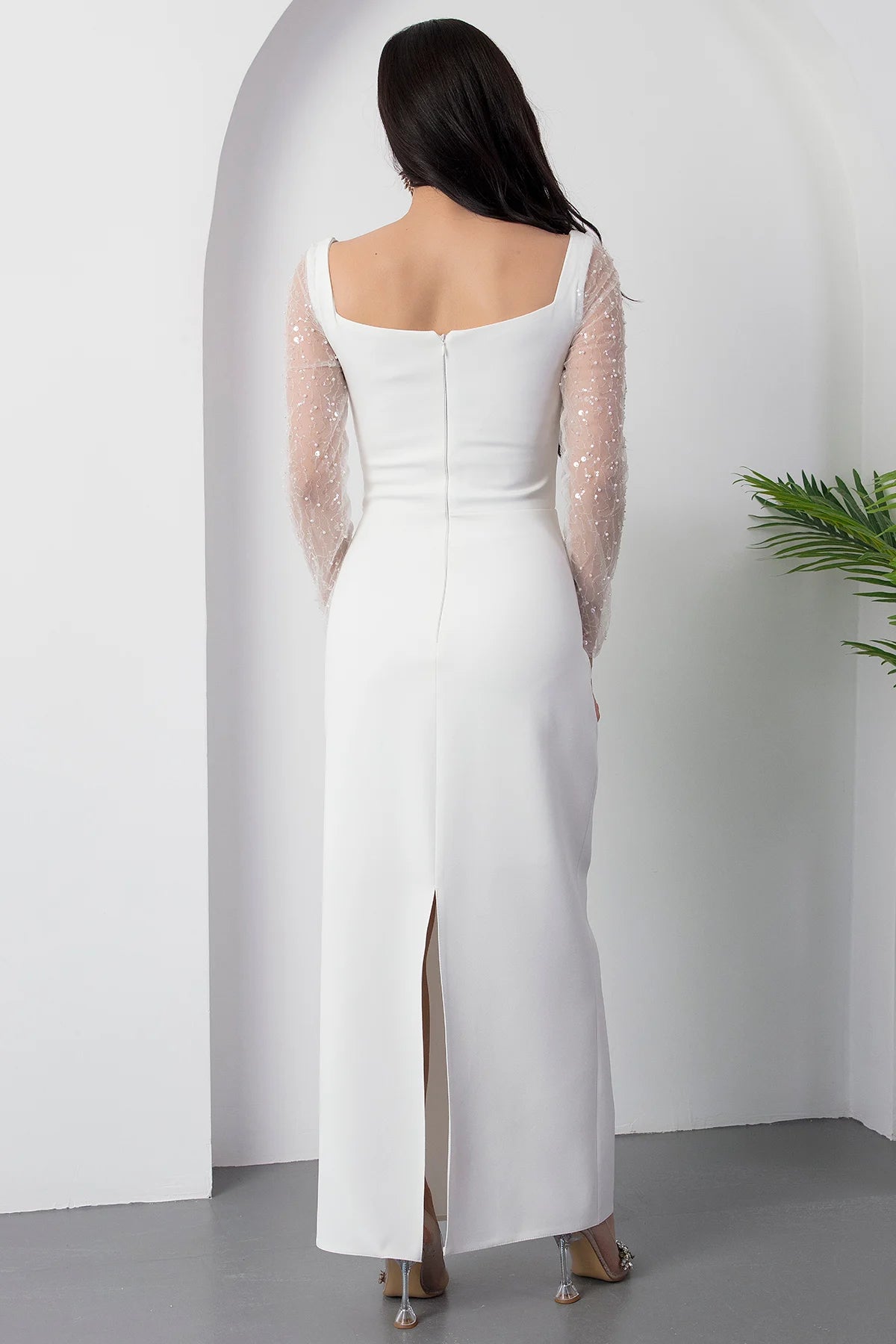 Sophisticated Sheath Square Neck Long Sleeve Sequin Mesh Formal Evening Dress