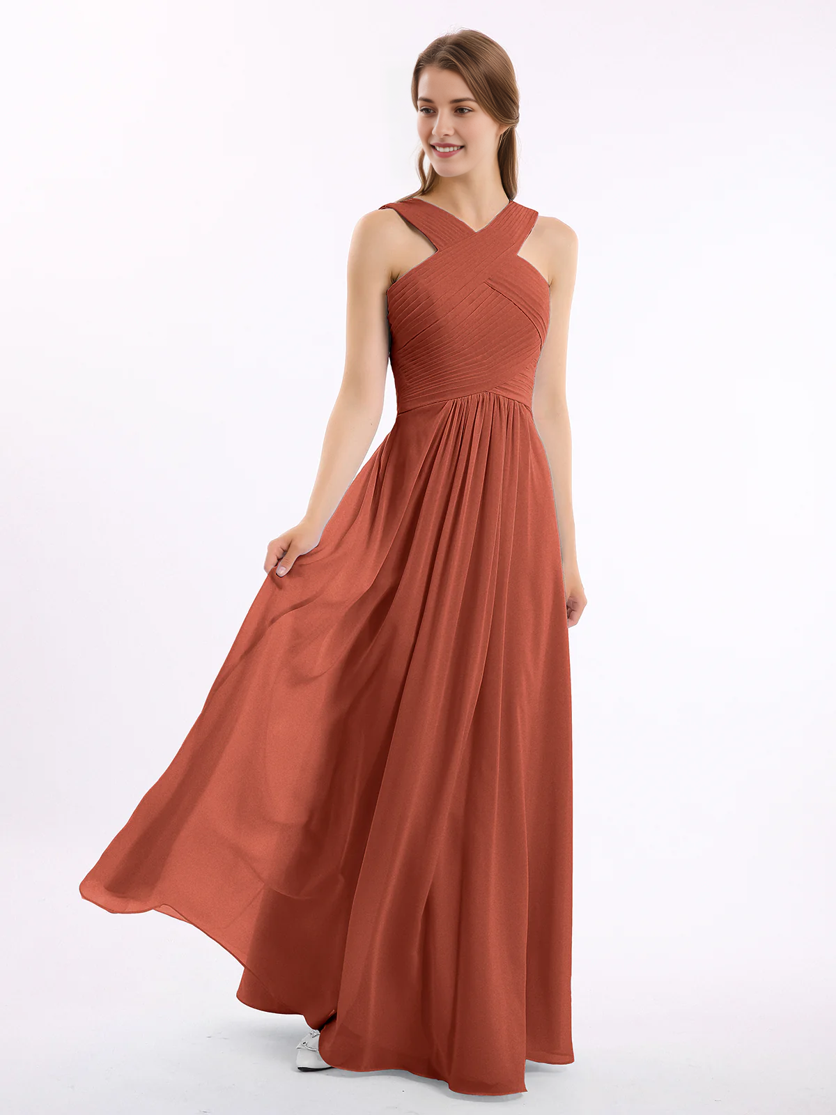 Crisscross Neck Pleated Bodice Flowy Chiffon A-Line Floor-Length Bridesmaid Evening Maxi Dress
