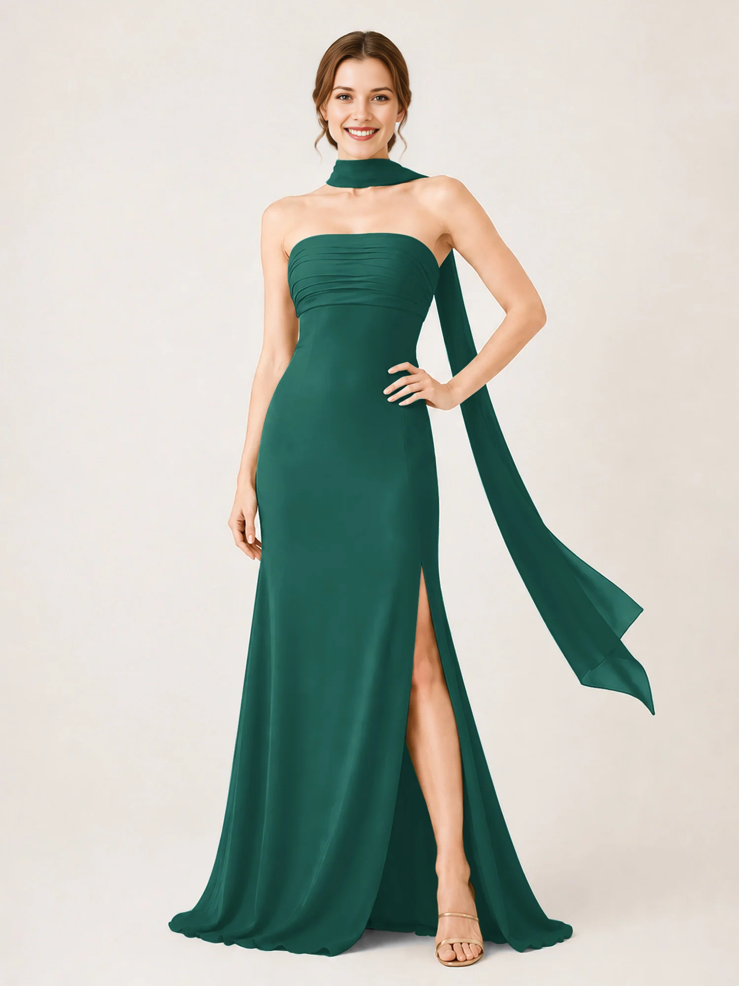 Strapless Ruched Chiffon Mermaid Bridesmaid Dress with Choker Scarf & High Slit
