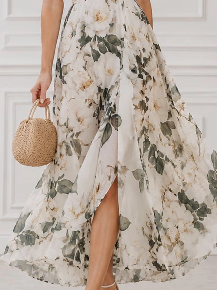 Floral A-line V-neck Puff Sleeve Low Back Midi Bridesmaid Dress