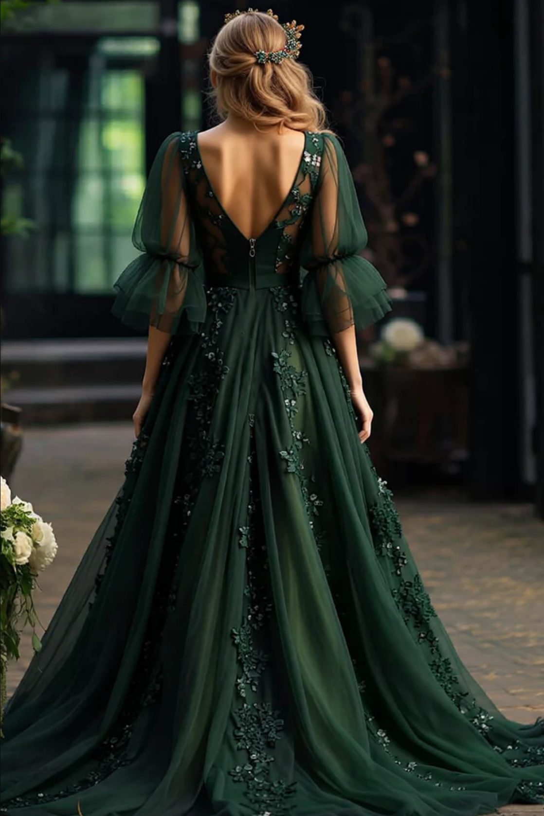 Romantic A Line Deep V-Neck Lace Tulle Maxi Dress with Puff Sleeves Prom Dress Embellished Tulle Wedding Gowns
