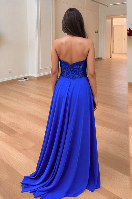 Royal Blue Strapless Corset Chiffon Lace Prom Dress with Sweep Train Evening Dresses