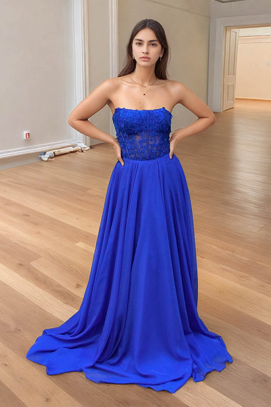 Royal Blue Strapless Corset Chiffon Lace Prom Dress with Sweep Train Evening Dresses