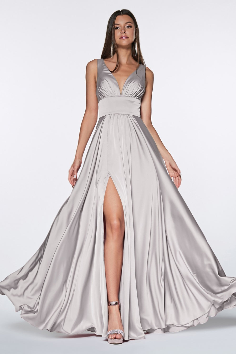 Bridesmaid Dress Satin Deep V A-Line Evening Gown - Spaghetti Strap High Slit Formal Prom Dress