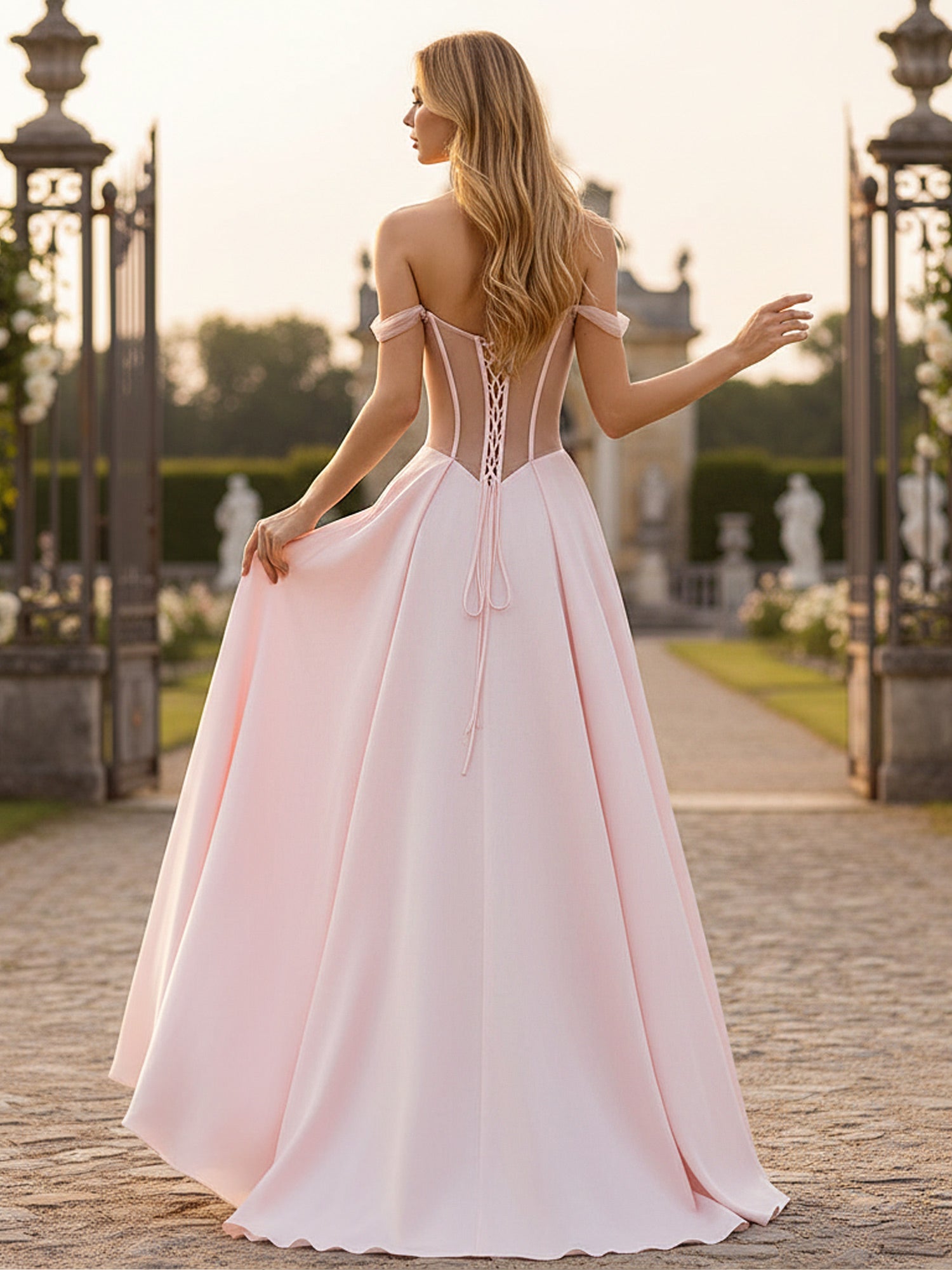 Vestido de Fiesta A-Line Color Rosa Rubor Transparente con Corsé y Abertura Alta Vestido Formal de Noche Escote Bardot