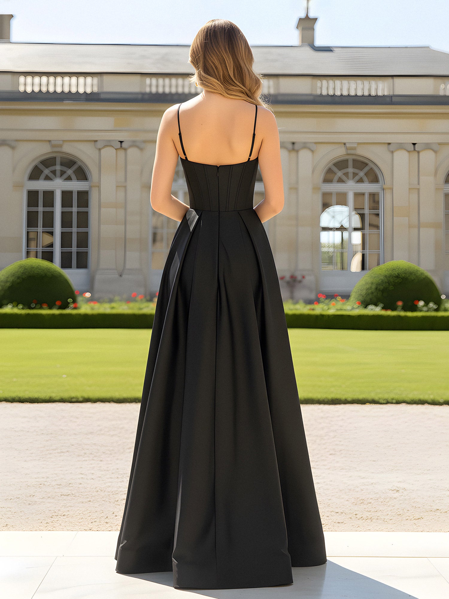 Back view of black A-line satin prom gown with low back, spaghetti straps, structured bodice, back zipper, and flowing floor length skirt by VEDRESS