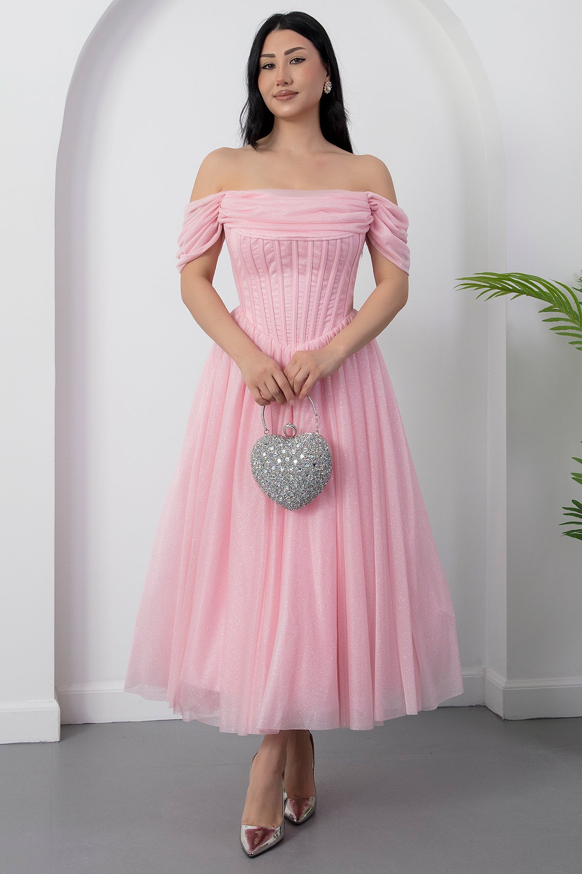 Romantic A-Line Square Neck Short Sleeve Glitter Tulle Lace-Up Formal Party Cocktail Dress