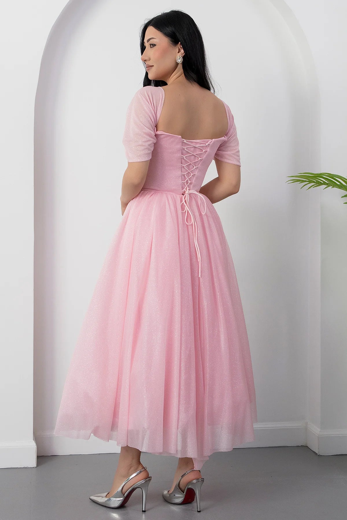 Romantic A-Line Square Neck Short Sleeve Glitter Tulle Lace-Up Formal Party Cocktail Dress