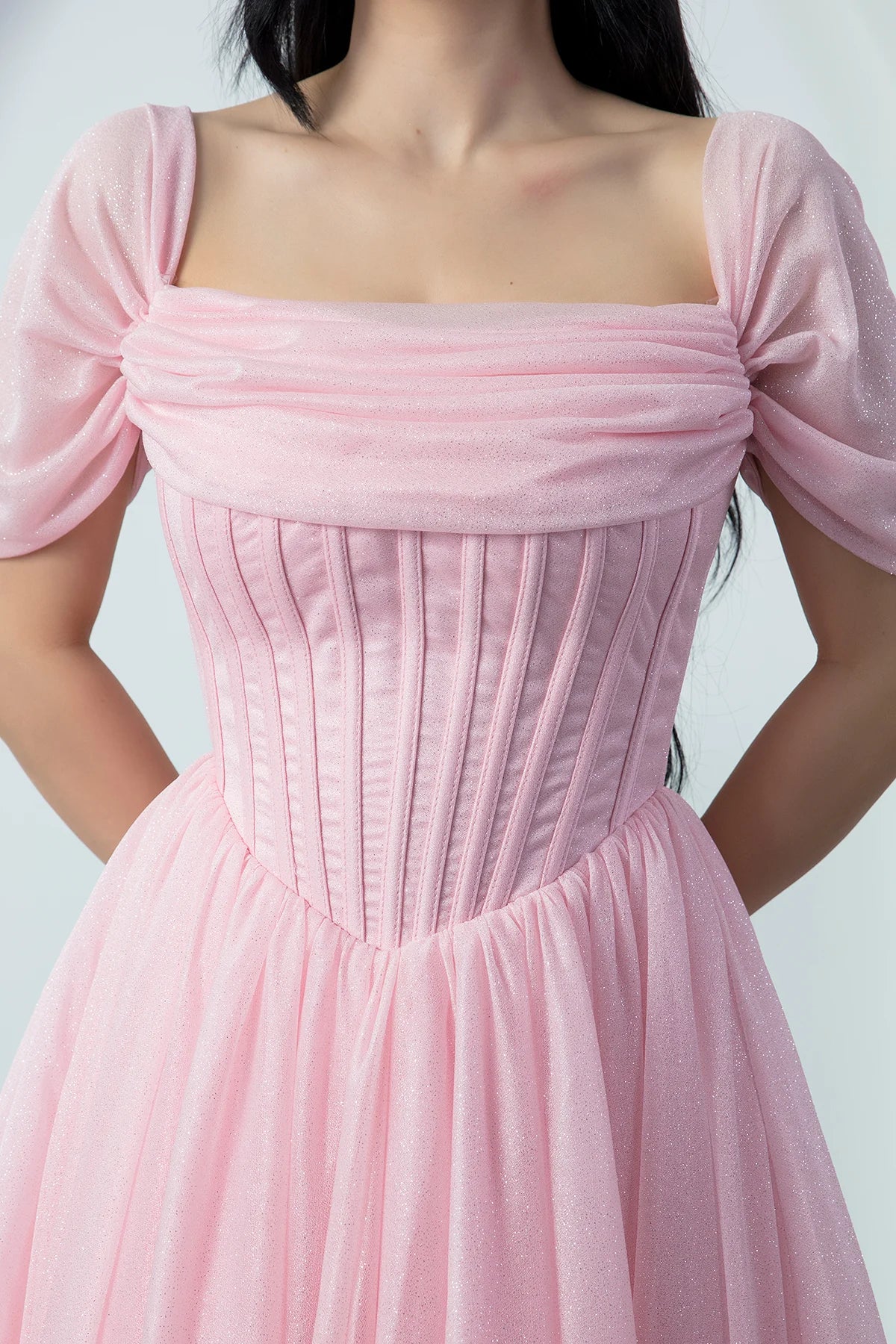 Romantic A-Line Square Neck Short Sleeve Glitter Tulle Lace-Up Formal Party Cocktail Dress