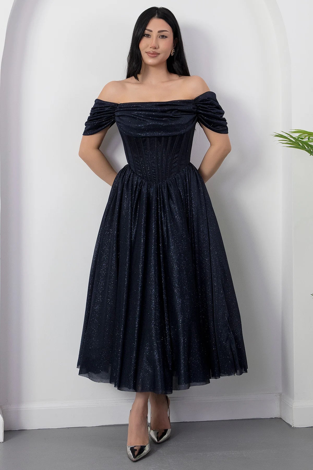 Romantic A-Line Square Neck Short Sleeve Glitter Tulle Lace-Up Formal Party Cocktail Dress