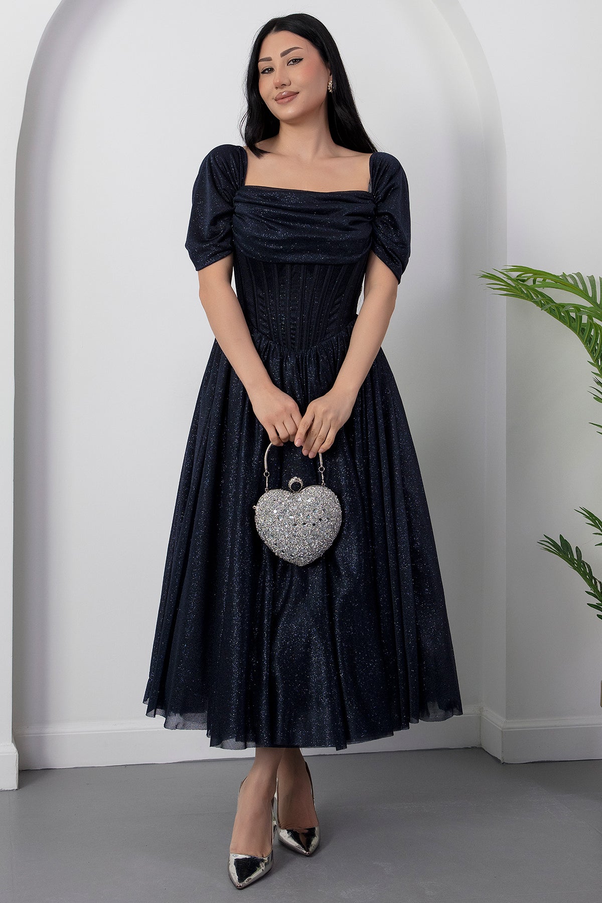 Romantic A-Line Square Neck Short Sleeve Glitter Tulle Lace-Up Formal Party Cocktail Dress