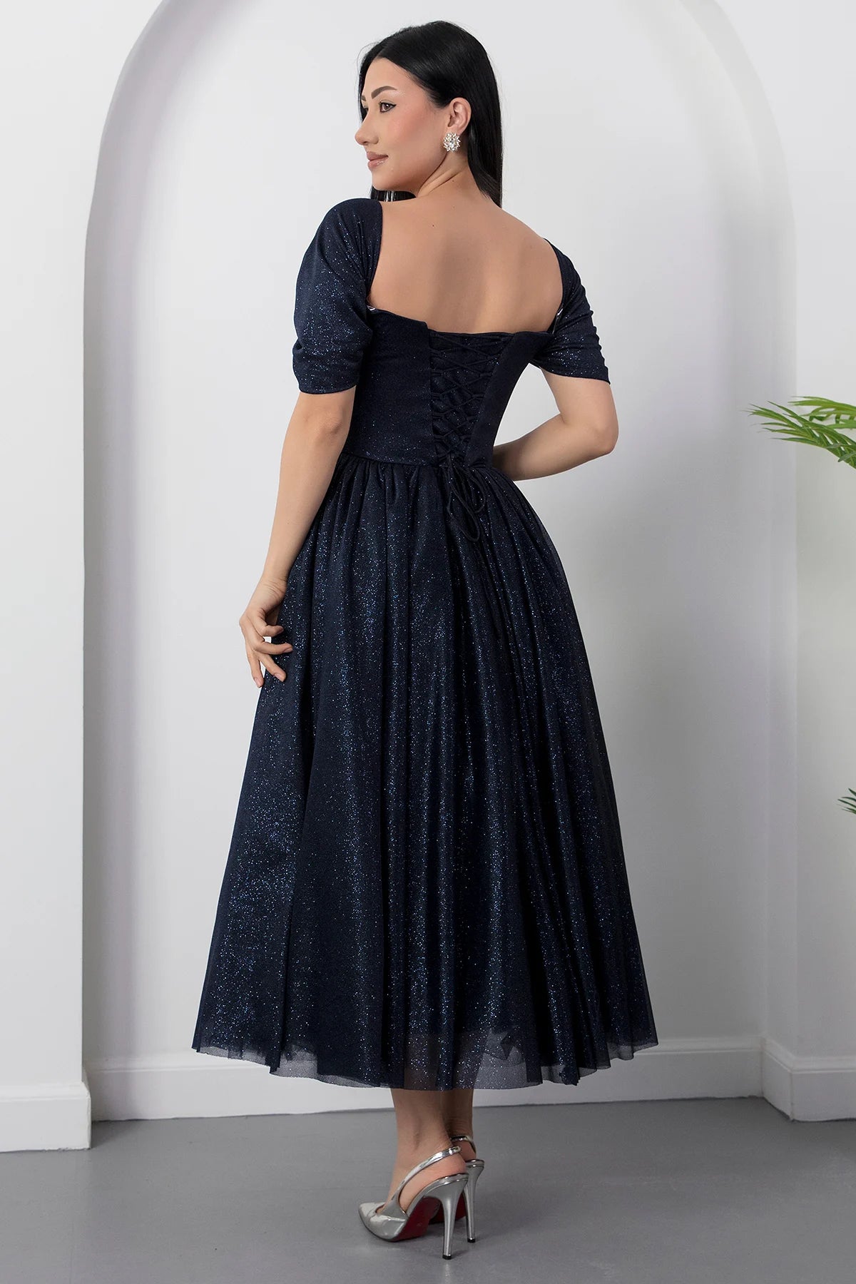 Romantic A-Line Square Neck Short Sleeve Glitter Tulle Lace-Up Formal Party Cocktail Dress