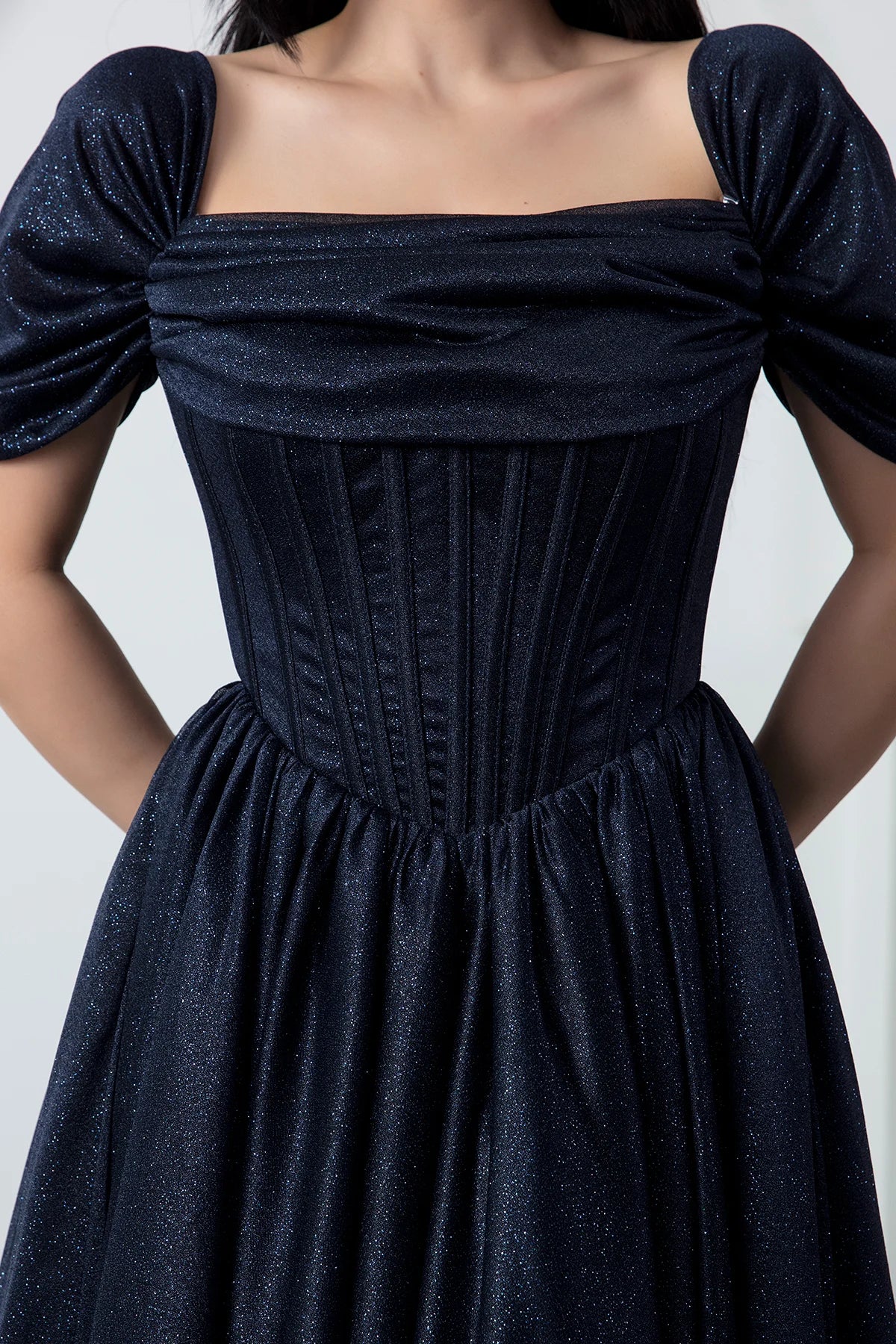Romantic A-Line Square Neck Short Sleeve Glitter Tulle Lace-Up Formal Party Cocktail Dress