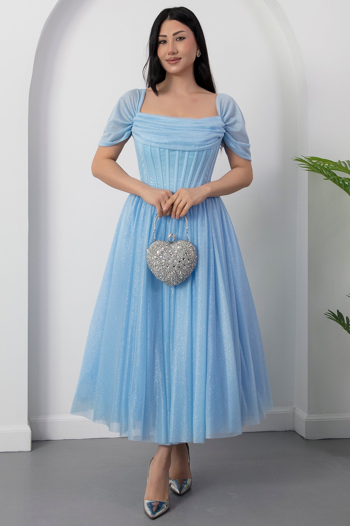 Romantic A-Line Square Neck Short Sleeve Glitter Tulle Lace-Up Formal Party Cocktail Dress