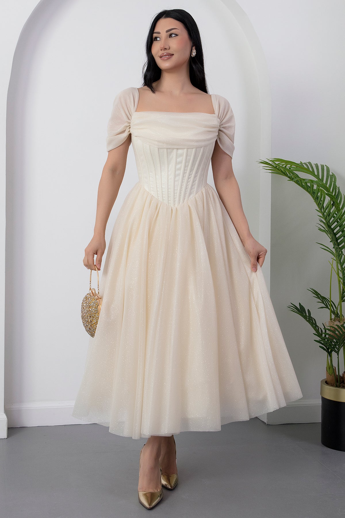 Romantic A-Line Square Neck Short Sleeve Glitter Tulle Lace-Up Formal Party Cocktail Dress
