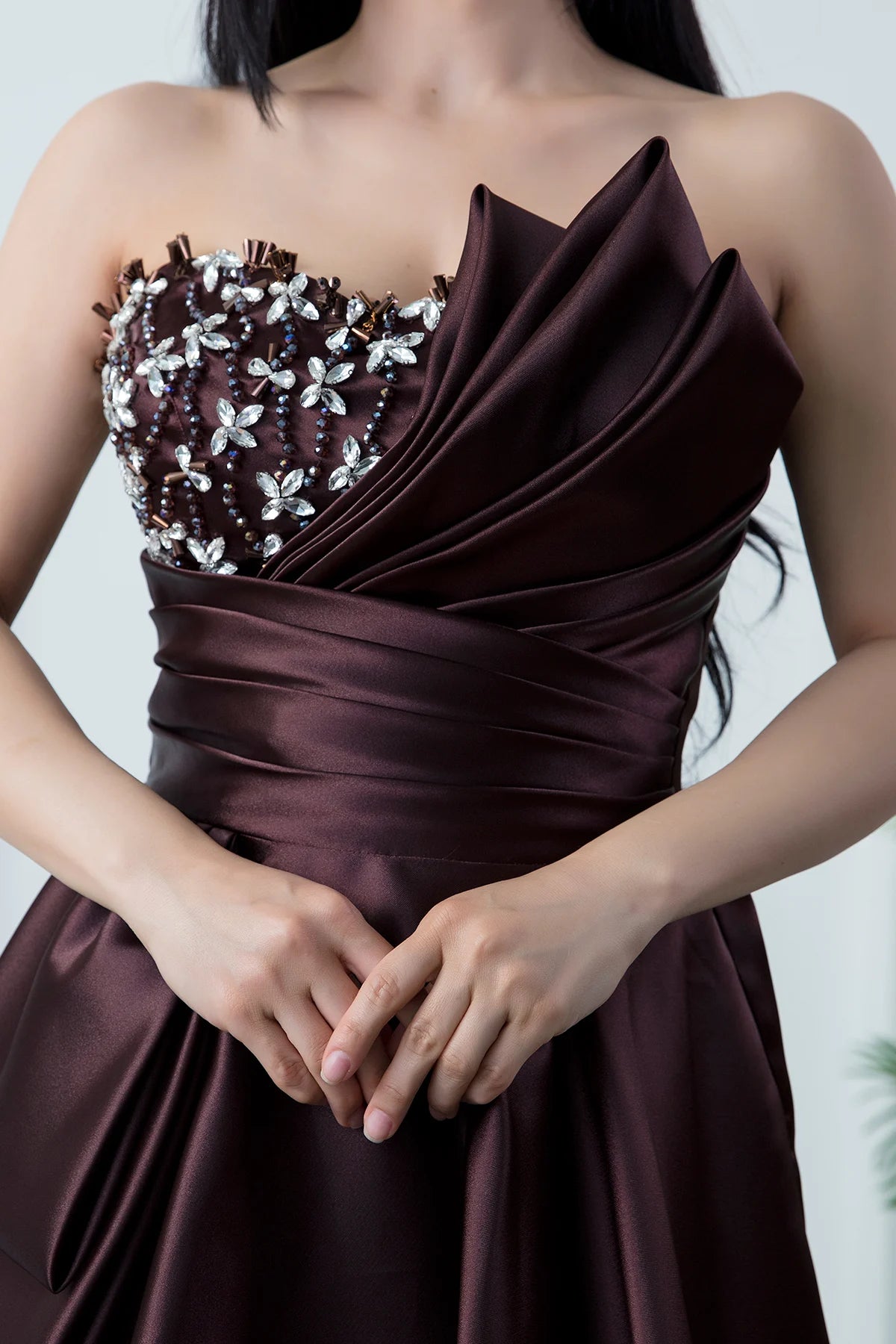 Statement A-Line Strapless Satin Evening Dress Prom Gown with Embellished Bust