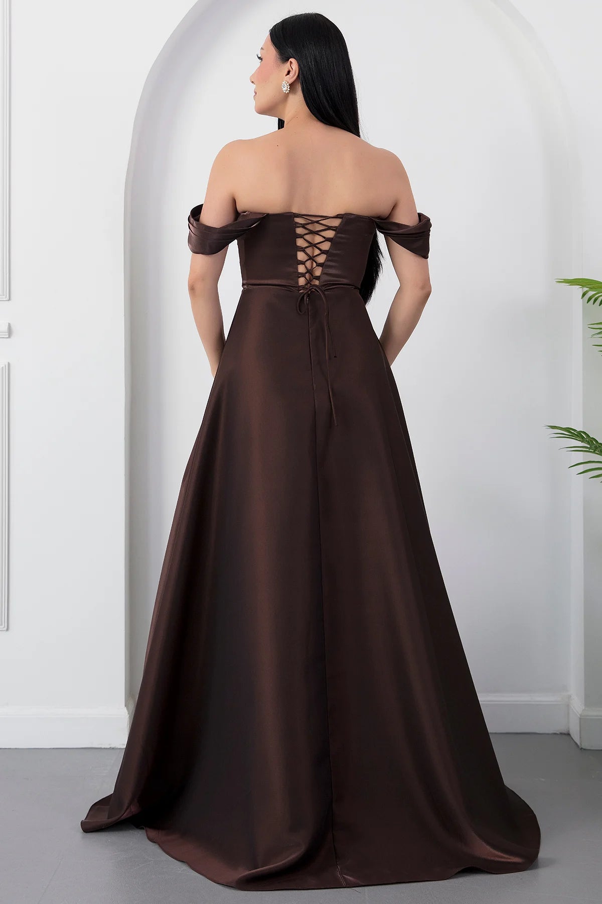 A-Line Off-Shoulder Satin Formal Evening Dress with Rhinestone Embellished Bust