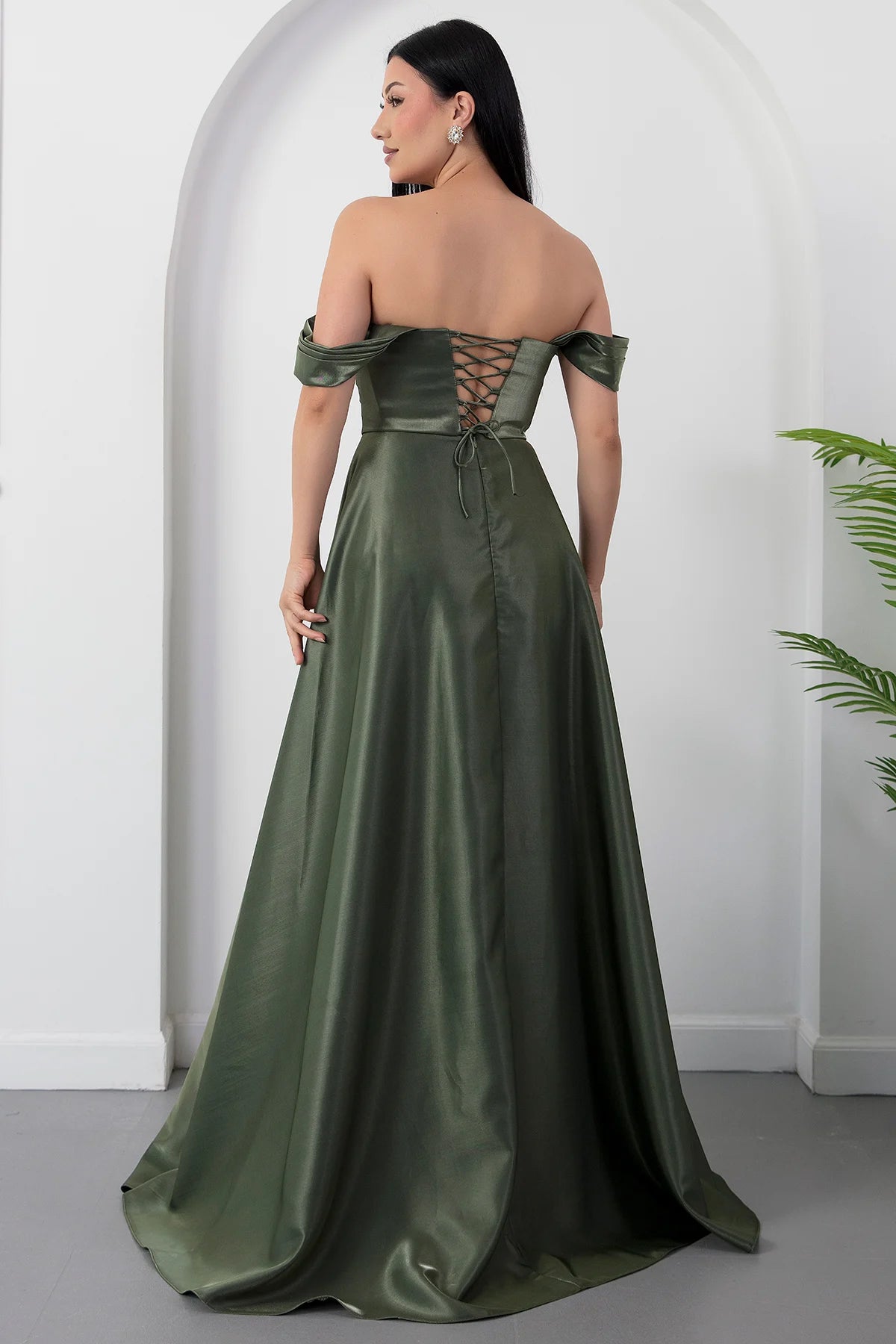 A-Line Off-Shoulder Satin Formal Evening Dress with Rhinestone Embellished Bust