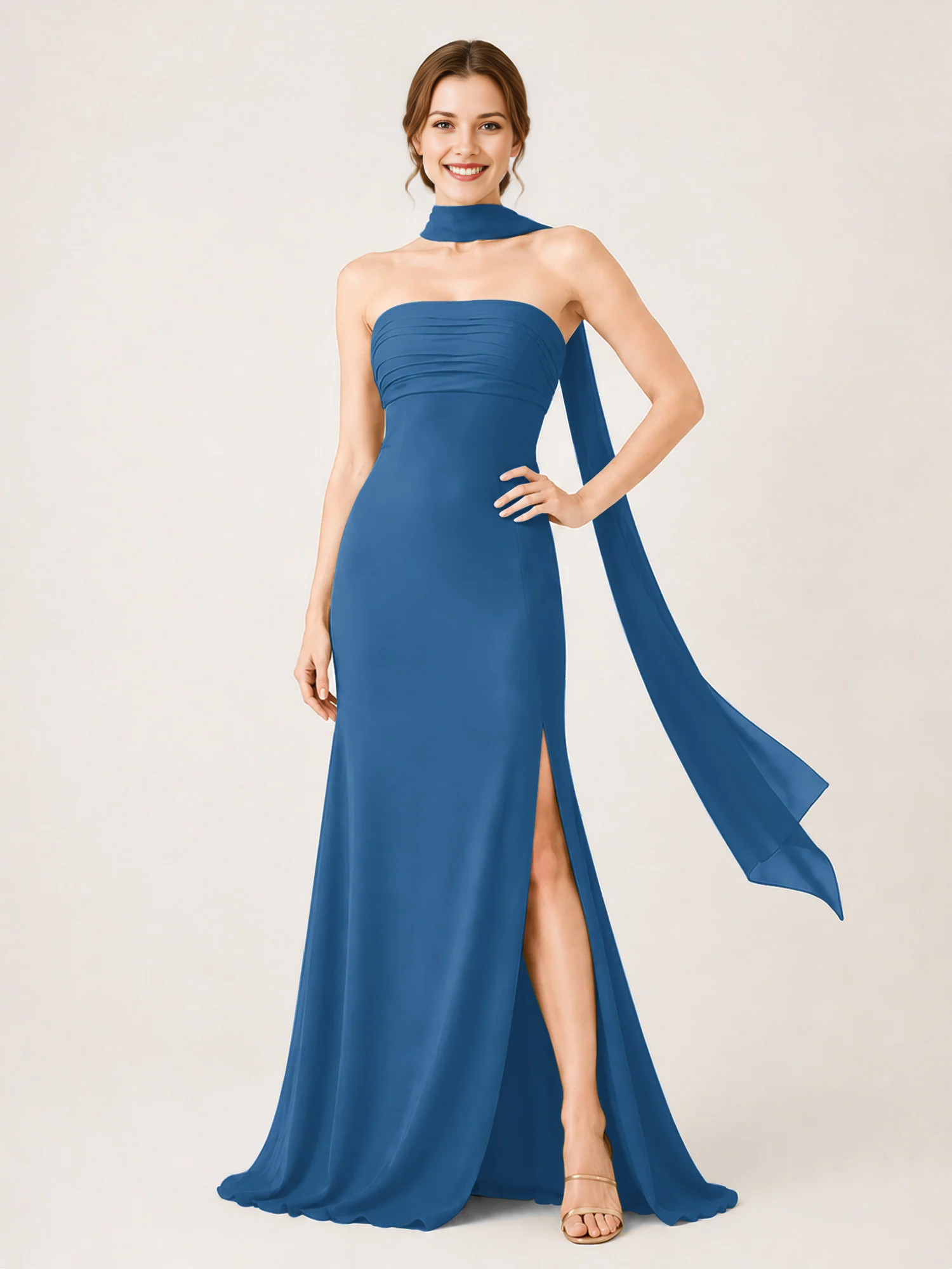 Strapless Ruched Chiffon Mermaid Bridesmaid Dress with Choker Scarf & High Slit