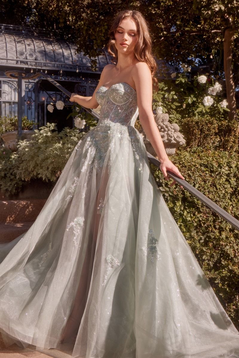 Pale Yellow Strapless Sequin Tulle Gown with High Slit - Romantic Formal Evening Dress