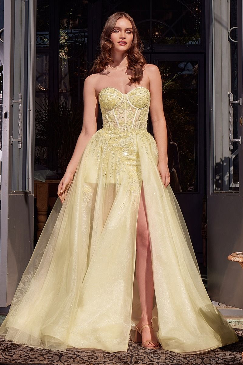 Pale Yellow Strapless Sequin Tulle Gown with High Slit - Romantic Formal Evening Dress