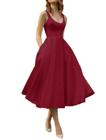 Scoop Neck Satin A-Line Midi Dress - Corset Back Bridesmaid Cocktail Party Dress