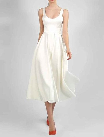 Scoop Neck Satin A-Line Midi Dress - Corset Back Bridesmaid Cocktail Party Dress