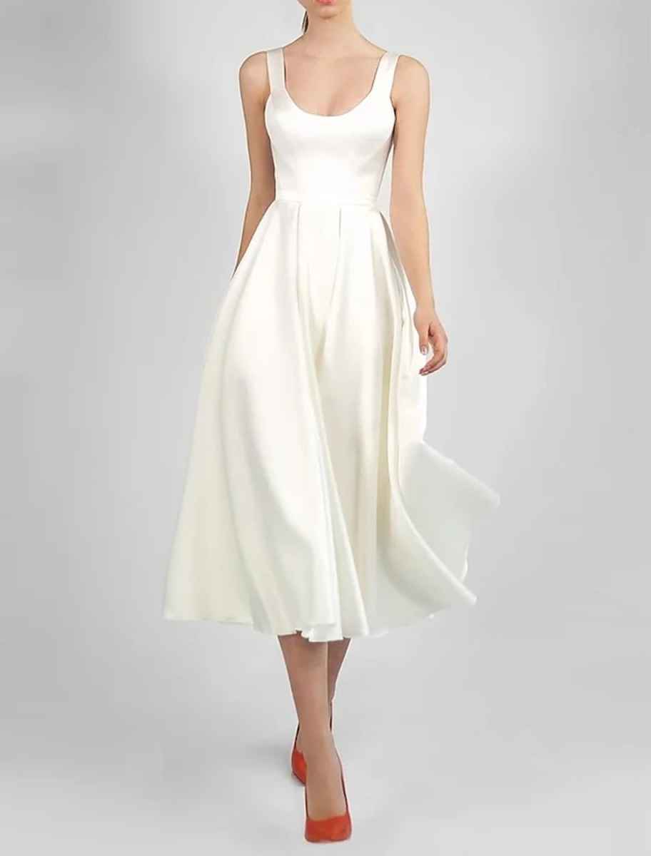 Scoop Neck Satin A-Line Midi Dress - Corset Back Bridesmaid Cocktail Party Dress