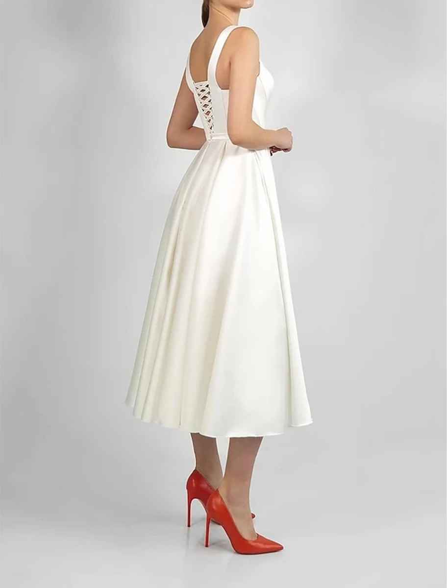 Scoop Neck Satin A-Line Midi Dress - Corset Back Bridesmaid Cocktail Party Dress