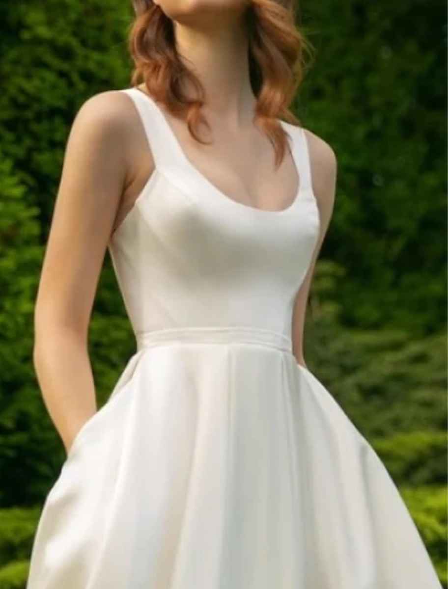 Scoop Neck Satin A-Line Midi Dress - Corset Back Bridesmaid Cocktail Party Dress