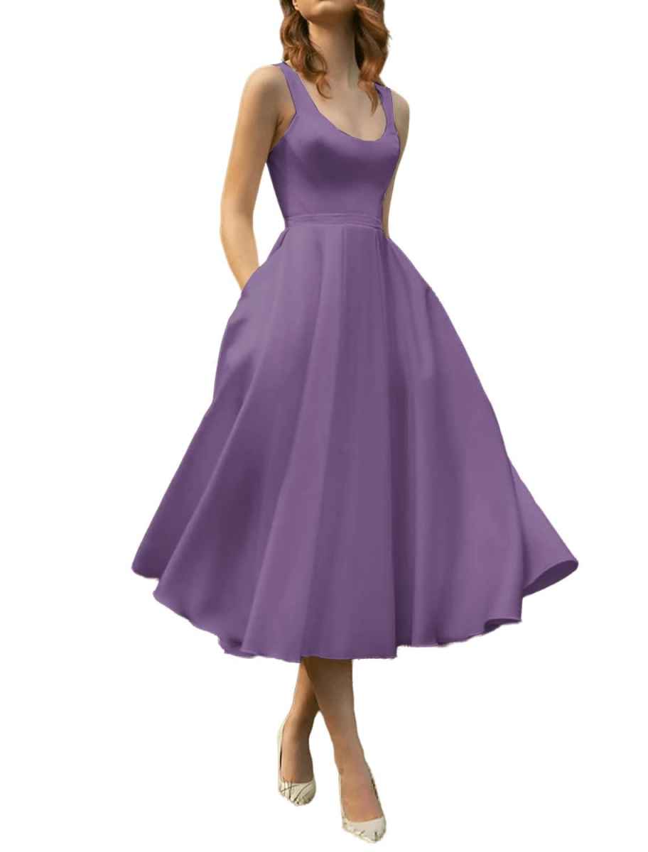 Scoop Neck Satin A-Line Midi Dress - Corset Back Bridesmaid Cocktail Party Dress