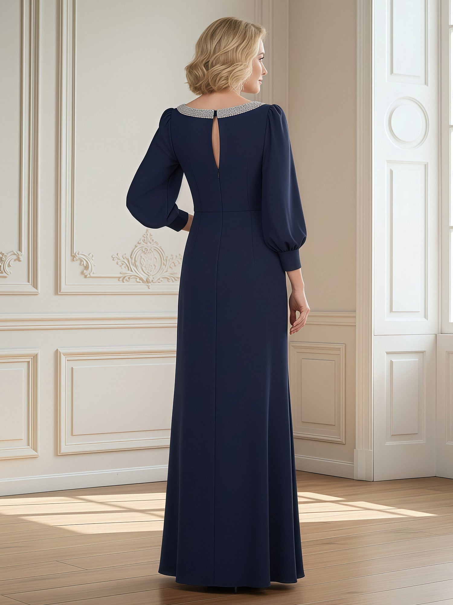 Navy Blue Beaded Neckline Puff Sleeve Formal Gown Ruffle Trim High Slit Maxi Dress for Mother of the Bride and Black-Tie Events