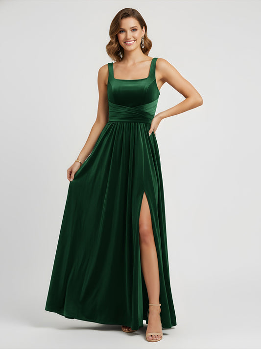 Luxury Dark Green Velvet Evening Gown Square Neck Ruched Waist High Slit Flowy A-Line Dress with Floor-Length Hem for Gala